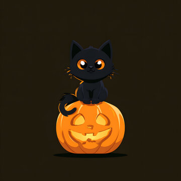 In this cheerful, simple Halloween drawing, a charming black cat lounges atop a pumpkin, ideal for festive decoration.
