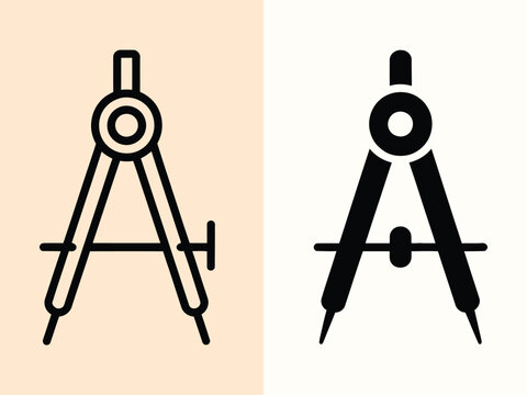 Set of two professional drafting compass icons in outline and solid black style for technical drawing and geometry