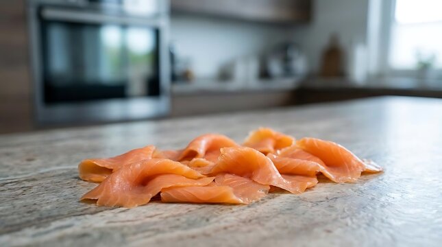A close-up view of fresh and thinly sliced salmone affumicato arranged on a modern kitchen countertop, perfect for gourmet appetizers and healthy diet.