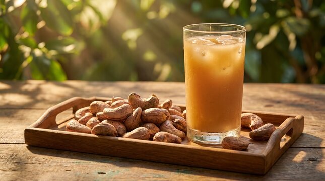 Refreshing cashew juice with ice in a glass and roasted cashew nuts on a wooden tray outdoors with golden sunlight