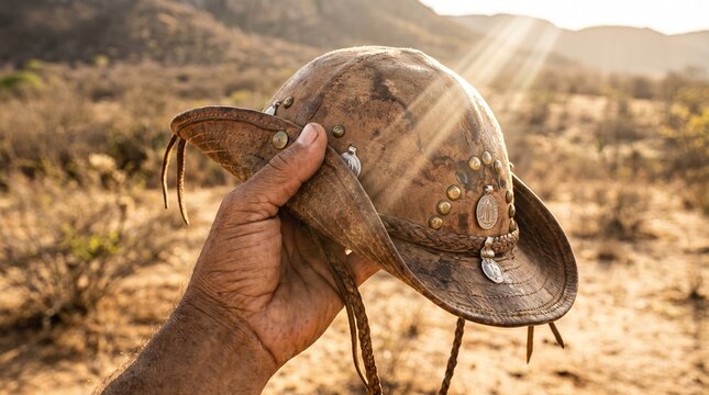 Traditional Brazilian cangaceiro leather hat held by hand in the sunny arid landscape of the Sertao region