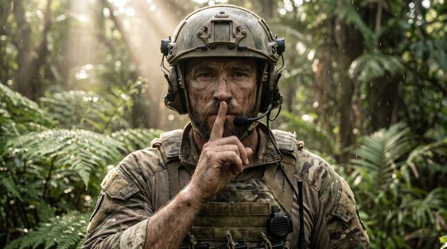 Cinematic portrait of a special forces soldier with camouflage face paint signaling silence in a dense tropical jungle