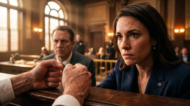 Intense dramatic courtroom scene with female attorney and clenched fists representing legal tension during a trial or justice hearing