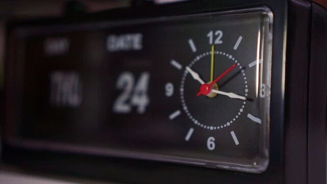 Vintage desk clock with ticking second hand close up, retro flip display showing day and date, time passing concept.
