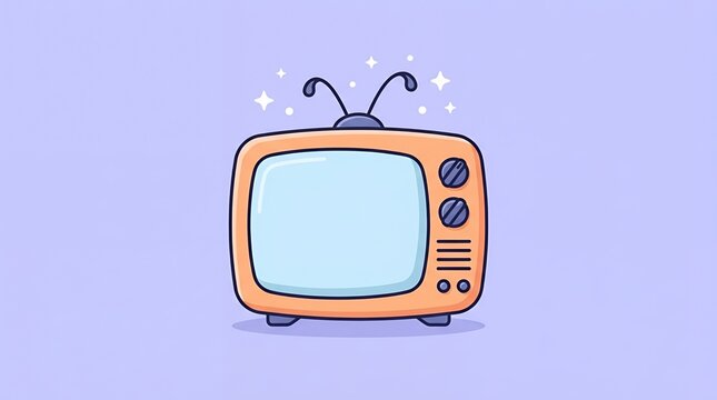 Vintage Orange Television Set Illustration with Antenna and Magical Sparkles Over a Soft Pastel Purple Backdrop