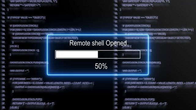 Advanced cyber security interface displaying a remote shell access connection process with a dynamic progress bar loading sequence over a complex scrolling blue computer programming code background