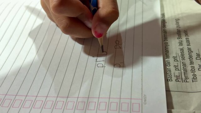 Child writing letters with pencil on notebook close up, learning handwriting, education and school activity concept.