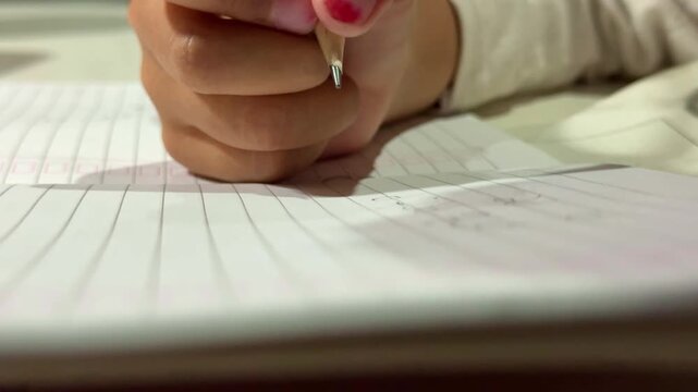 Child fingers holding pencil writing letters, handwriting practice, kids education and learning concept.