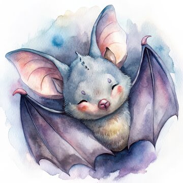 Cute bat sleeping upside down watercolor illustration
