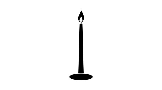 Black silhouette of a burning candle in a holder on a white background with flame icon