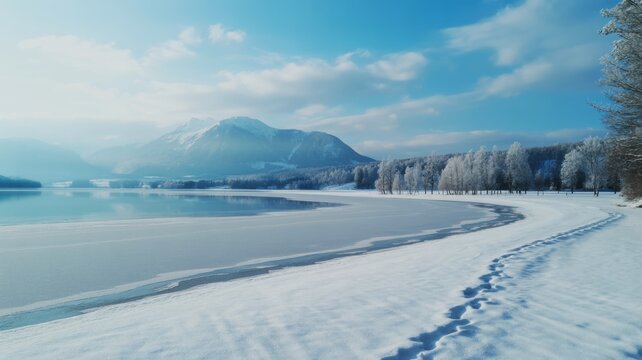 Snowy Winter Lake Shore with Mountains and Blue Sky