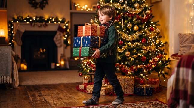 Young boy carrying stack of gifts under christmas tree