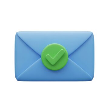 Blue email envelope icon with a green check mark isolated on white background