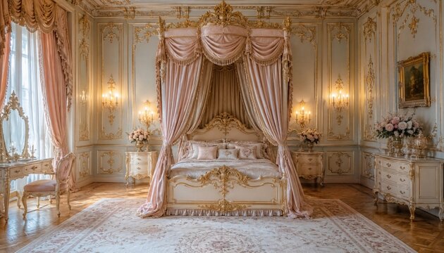 Opulent rococo bedroom with pink canopy bed and gold decor