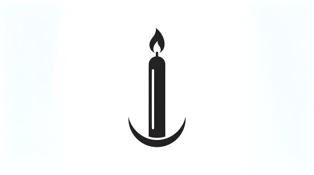 Black silhouette icon of a burning candle in a holder on white background with candlelight