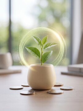 A small green plant growing in a ceramic pot surrounded by metal coins on desk with metallic coins wooden plant white accumulation development investment prosperity management
