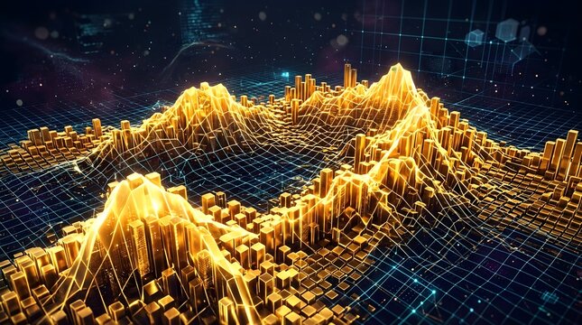 Futuristic abstract digital data landscape with glowing orange peaks and grid network