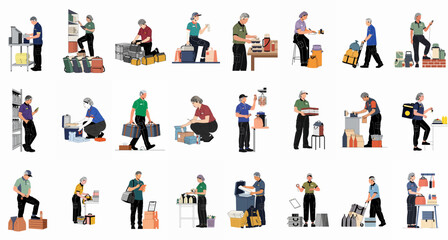Fototapeta premium Comprehensive collection of diverse manual workers and technicians engaged in various industrial, logistic, and maintenance tasks isolated on a white background.