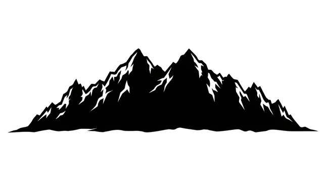 Rugged mountain range silhouette with rocky peaks and sharp ridges on white background