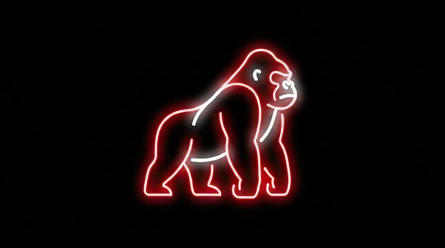 Red neon glowing gorilla outline walking in the dark