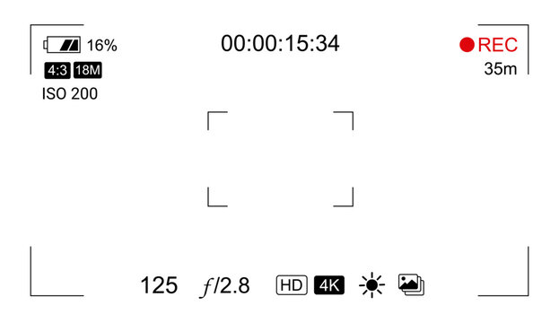 Camera viewfinder overlay with recording interface, digital video screen display, professional cinematography hud vector
