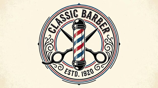 Vintage circular barber shop logo with pole and scissors.