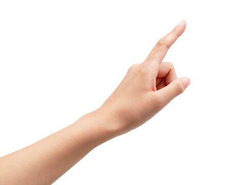 A woman's hand points to a white background