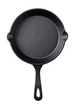 Empty cast iron skillet pan top view isolated on transparent background, black skillet frying pan cutout PNG
