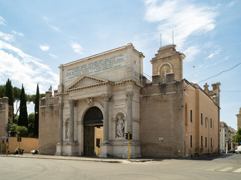 Historic street view of Porta Pia, the iconic city gate famously breached during the 1870 Italian Unification in Rome, Italy
