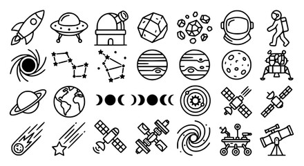Space exploration and cosmos line icon set featuring planets rocket ships astronaut helmets satellites telescope observatories lunar rovers and galaxy symbols © MdRakib
