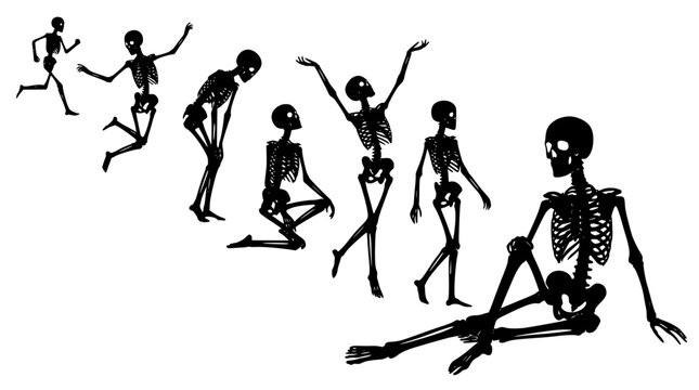 Human skeleton silhouette vector set featuring creepy anatomy bones in various poses including sitting standing jumping walking dancing running and kneeling