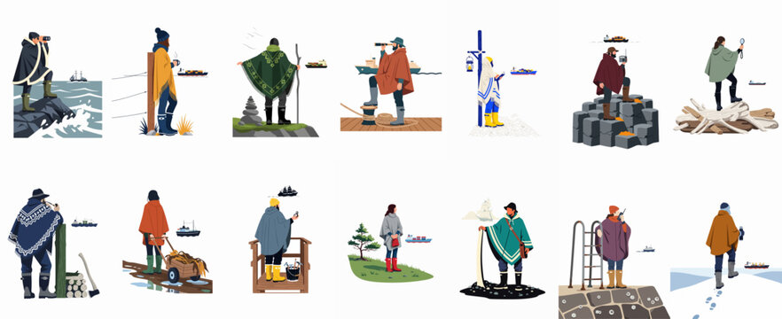 Collection of minimalist illustrations featuring people in outdoor gear exploring coastal and snowy landscapes, observing ships and nature from various scenic vantage points.
