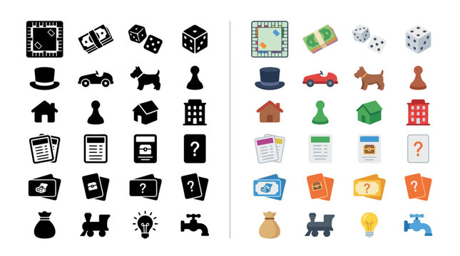 Collection of Monopoly game icons in both color and black and white versions, representing game elements.