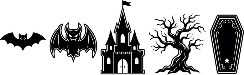 Fototapeta premium Halloween gothic silhouette set with bat, haunted castle, tree, and spooky moonlit scene vector