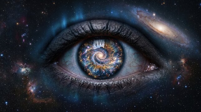 Surreal Eye with Cosmic Galaxy and Starry Sky in Pupil and Surrounding Space Scene