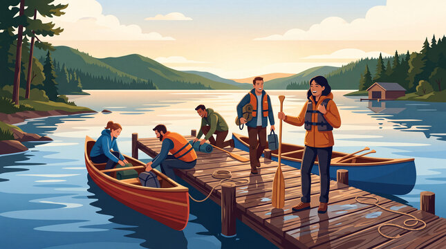 Corporate team outing at a lakeside dock