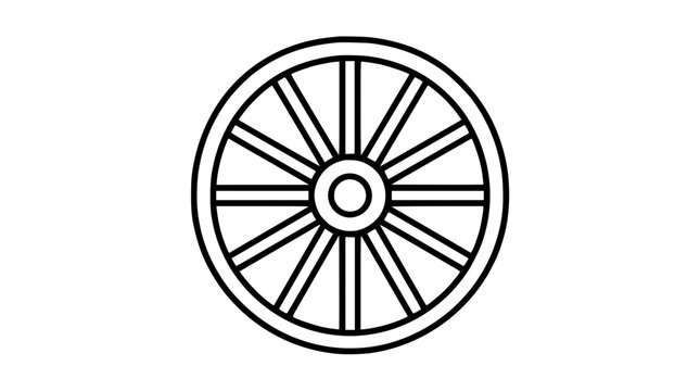 Rustic antique wooden wagon wheel vector line icon featuring simple thick spokes for classic western carriage transportation designs isolated on white background