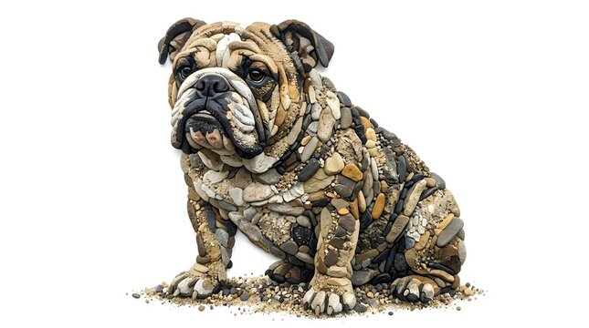 A creative sculpture of an English Bulldog made entirely out of small stones and pebbles.
