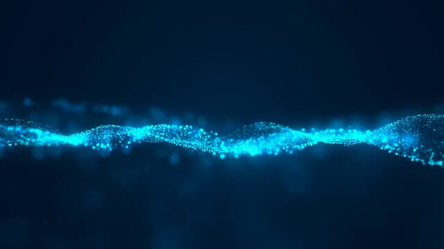 Abstract blue glowing particle wave on dark background for digital technology concept