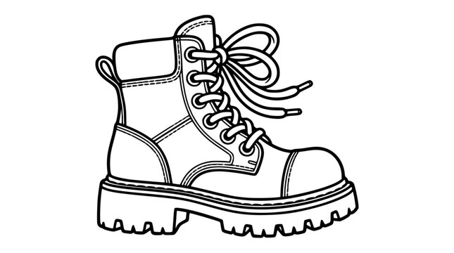 Heavy duty leather combat boot vector line icon with thick platform sole and tied laces for autumn fashion travel apparel design isolated on white background