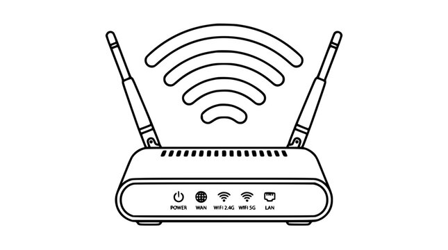 Wireless broadband wifi router vector icon with dual adjustable antennas internet signal waves and dashboard led indicator lights isolated on white background