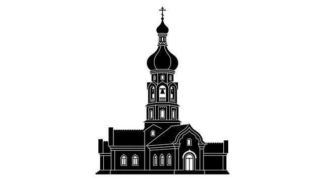 Black silhouette of a traditional orthodox church building featuring a bell tower and domed roof