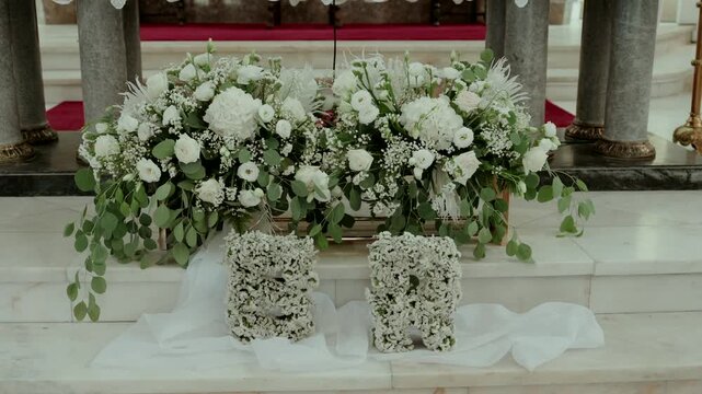 Long white rose and eucalyptus arrangement with statice and tulle on marble altar steps
