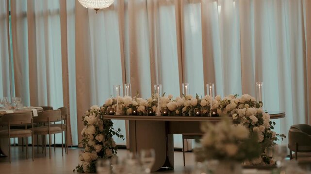 Head table lined with white roses and hurricane candles inside a curtained wedding ballroom
