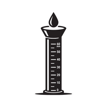 Black and white vector icon of a rain gauge measuring cylinder with water droplet