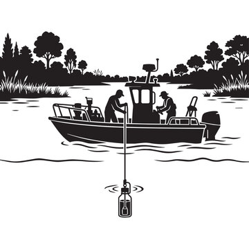 Silhouette vector illustration of scientists collecting water samples from a boat on a lake