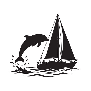 Black silhouette vector illustration of a leaping dolphin and sailboat on ocean waves