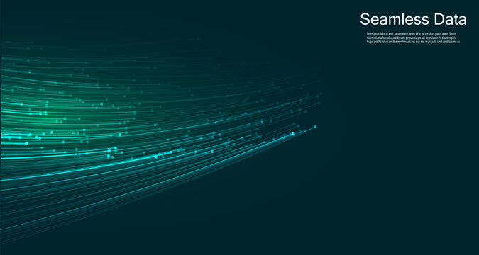 Horizontal data flow technology banner with points, headline text and a button on a dark teal background.