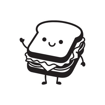 Cute cartoon sandwich character mascot waving hand black and white vector illustration