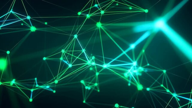 Abstract Digital Network with Glowing Green and Cyan Plexus Connections for Futuristic Technology and Data Concept